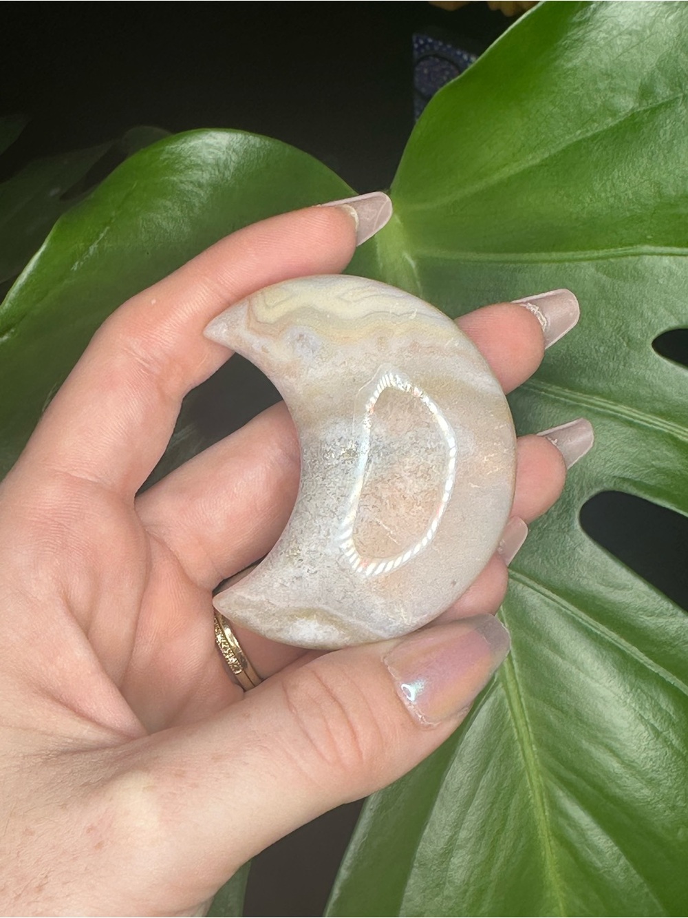 Natural Beige Agate Moon-Shaped Crystal Palm Stone